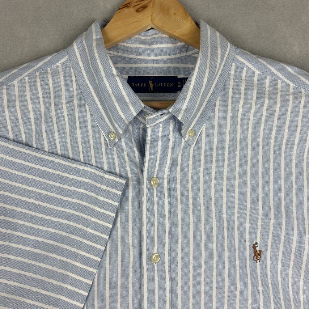 Polo Ralph Lauren Oxford Shirt Men’s XL Blue Striped Flesh Pony Short Sleeve